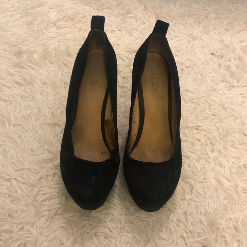 Black faux suede wedge heels